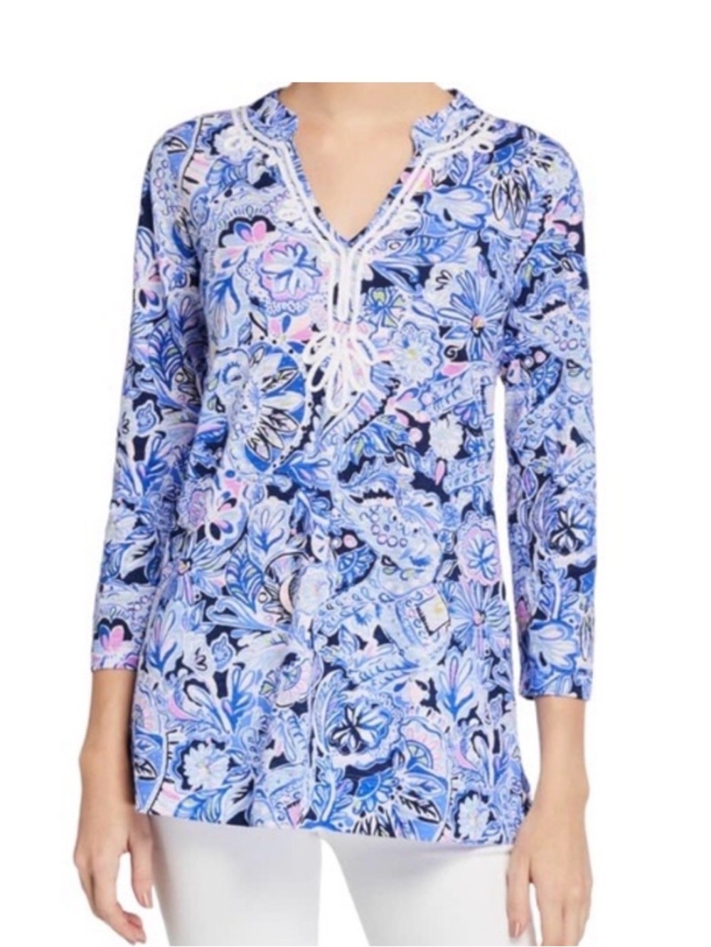 Lilly Pulitzer KaiaV-Neck Tunic Top, blue, purple, pink elephant print.  (NWOT)